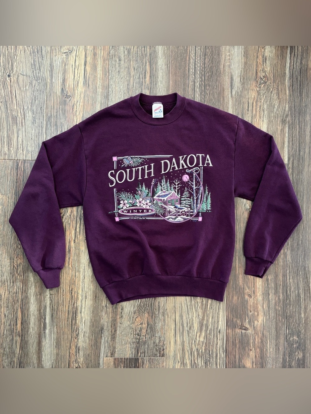 Vtg Jerzees South Dakota Crewneck Sweatshirt Sz M Purple Winter Cabin Travel 90s